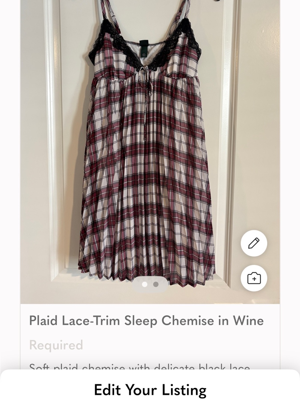 Wild Fable Plaid Lace-Trim Chemise in Wine Babydoll Dress w/lace